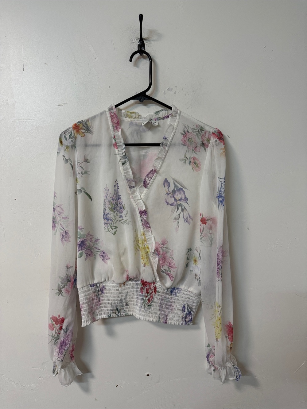 Joie White Sheer Floral Wrap Blouse with Pastel Blooms
